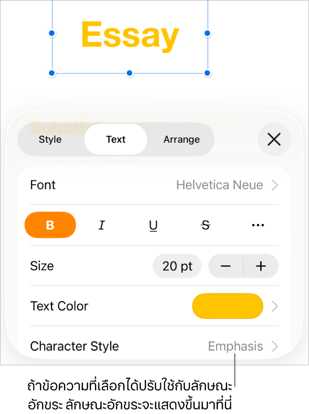 ตัวควบคุมการจัดรูปแบบข้อความที่มีลักษณะอักขระด้านล่างตัวควบคุมสี ลักษณะอักขระ ไม่มี แสดงพร้อมกับเครื่องหมายดอกจัน