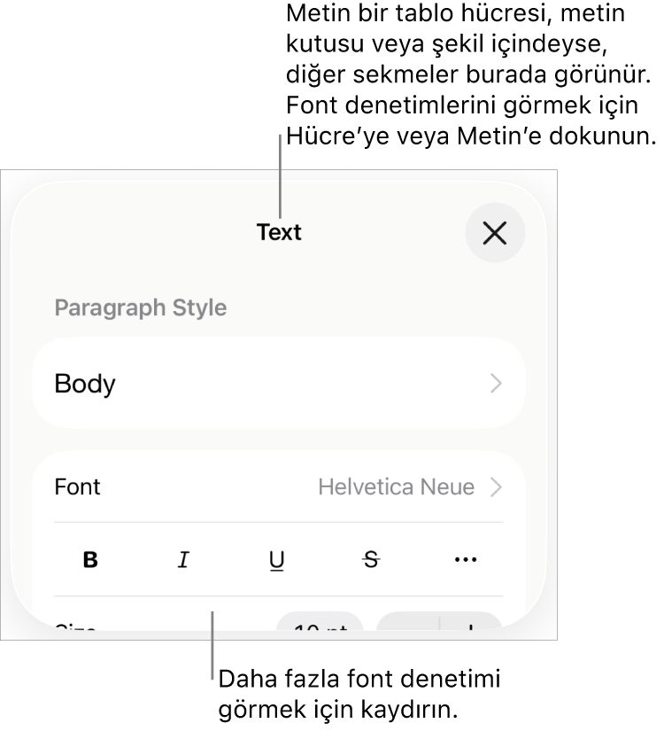 Paragraf ve karakter stillerini, fontunu, boyutunu ve rengini ayarlamak için Biçim menüsündeki metin kontrolleri.