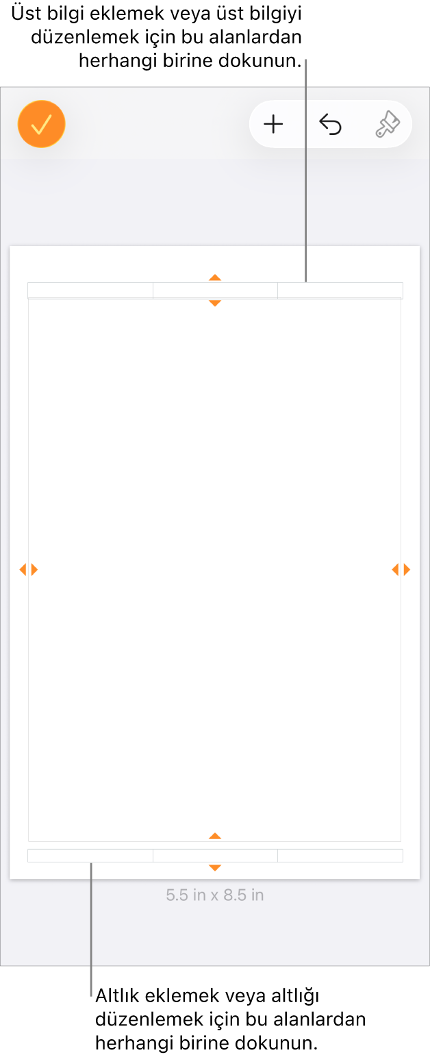 Üst bilgiler için belgenin en üstündeki üç alan ve alt bilgiler için en alttaki üç alan ile Daha Fazla Seçenek görüntüsü.