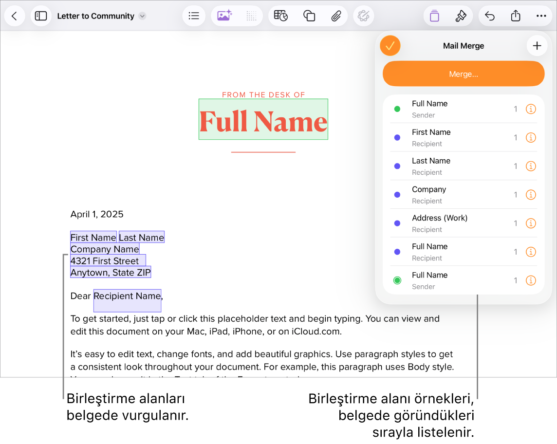 Alıcı ve gönderen birleştirme alanları ile Pages belgesi ve Belge kenar çubuğunda görünen birleştirme alanı örnekleri listesi.