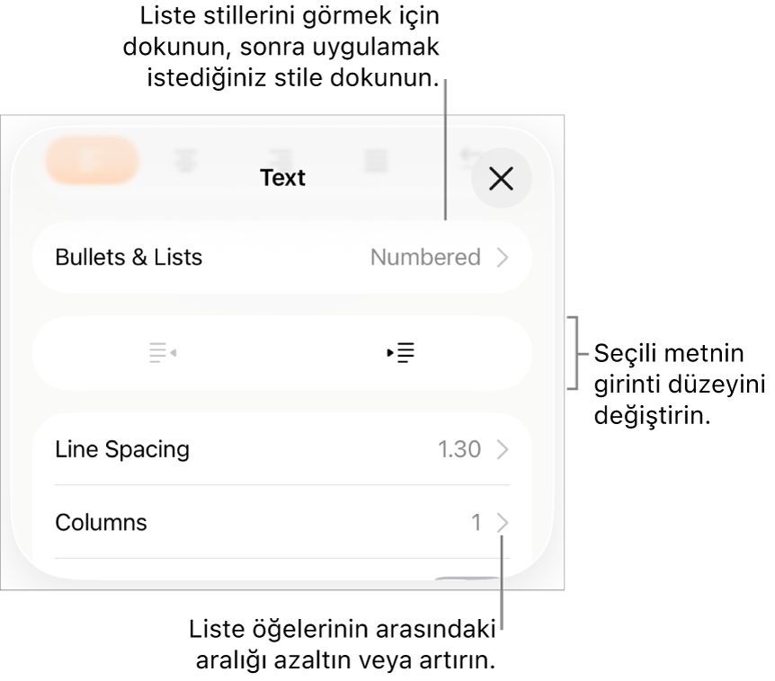 Madde İşaretleri ve Listeler, çıkıntı ve girinti düğmeleri ve de satır aralığı denetimlerini gösteren belirtme çizgileri ile Biçim denetimlerinin Madde İşaretleri ve Listeler bölümü.