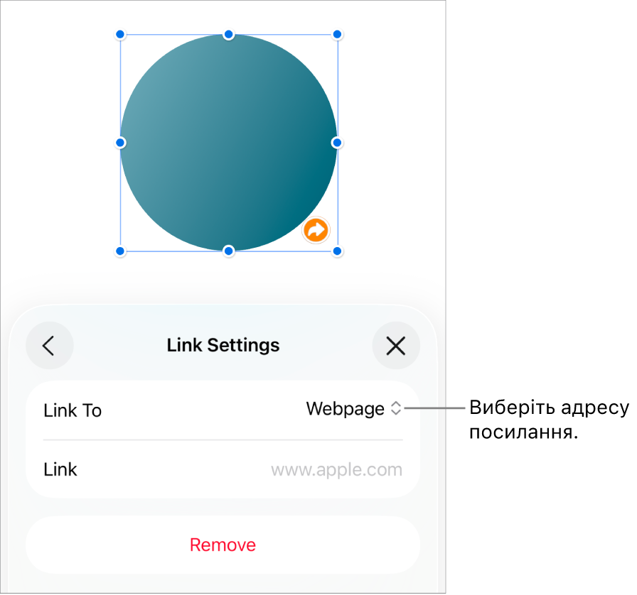 Елементи керування параметрами посилань із вибраною вебсторінкою та кнопкою «Вилучити» внизу.