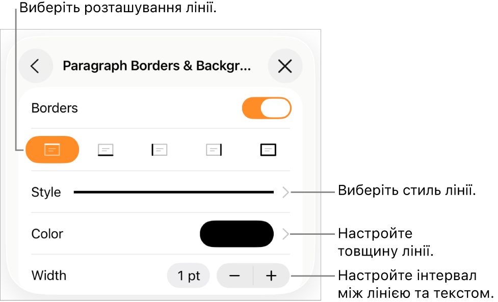 Елементи керування стилем, товщиною, положенням та кольором лінії.