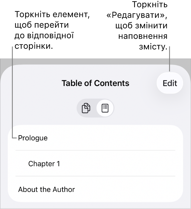 Зміст із заголовками в списку. Кнопка «Змінити» в правому верхньому кутку і кнопки «Мініатюри сторінок» і «Зміст» внизу екрана.