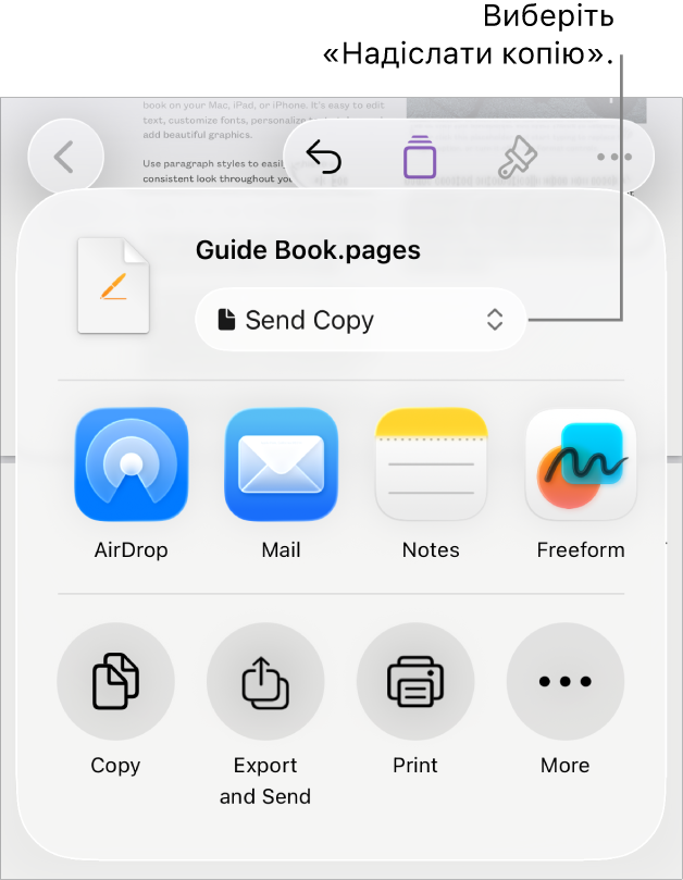 Меню «Поширення», у якому вгорі вибрано елемент «Поширити копію».