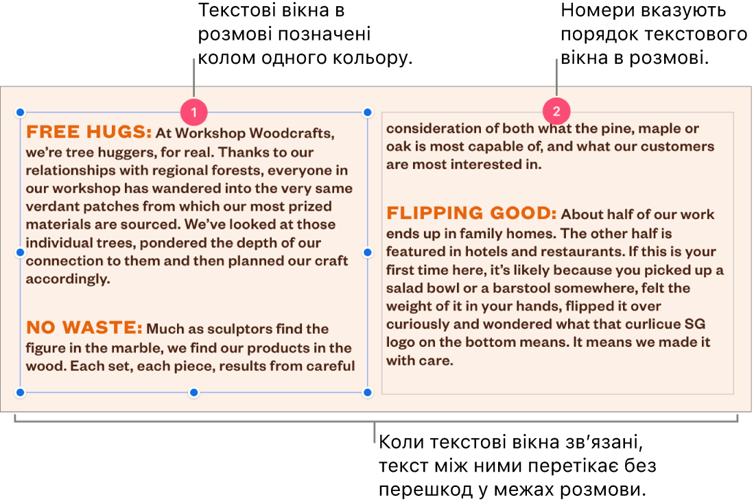 Два текстових вікна з бузковими колами вгорі й цифрами 1 і 2 в колах.