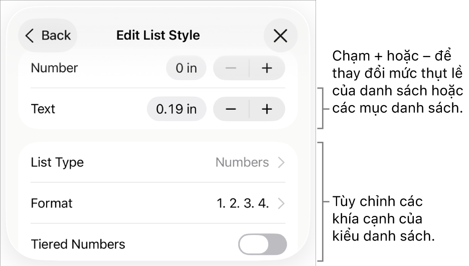 Menu Sửa kiểu danh sách với các điều khiển cho giãn cách thụt lề, kiểu và định dạng danh sách, đánh số tiếp tục và giãn cách dòng.