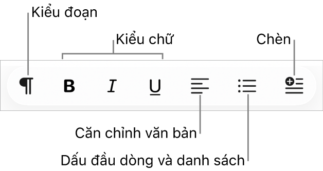 Thanh Định dạng nhanh, đang hiển thị các biểu tượng cho kiểu đoạn, kiểu nhập, căn chỉnh văn bản, dấu đầu dòng và danh sách và thành phần chèn.