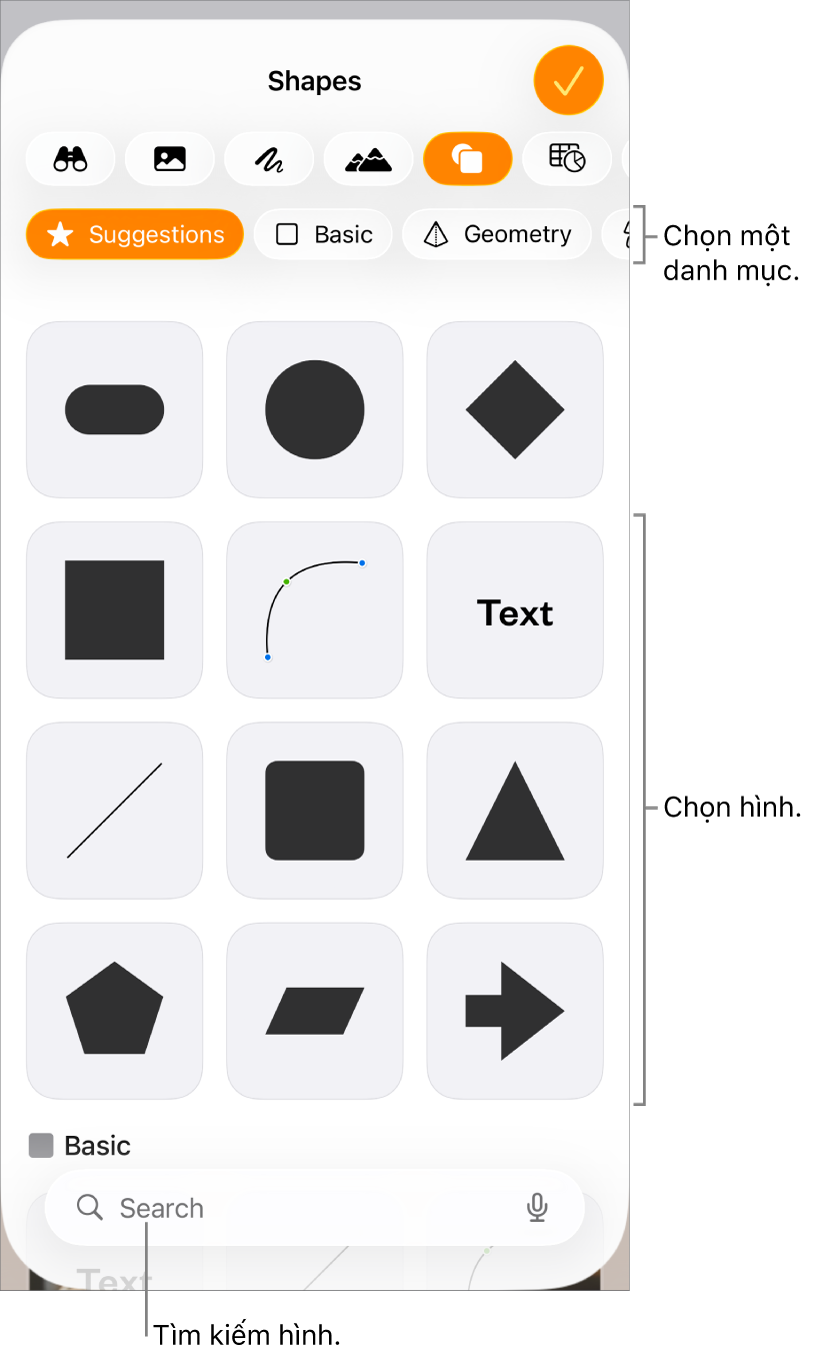 Thư viện hình dạng, với các danh mục ở trên cùng và các hình được hiển thị ở bên dưới. Bạn có thể sử dụng nút tìm kiếm ở trên cùng để tìm các hình và vuốt để xem thêm.