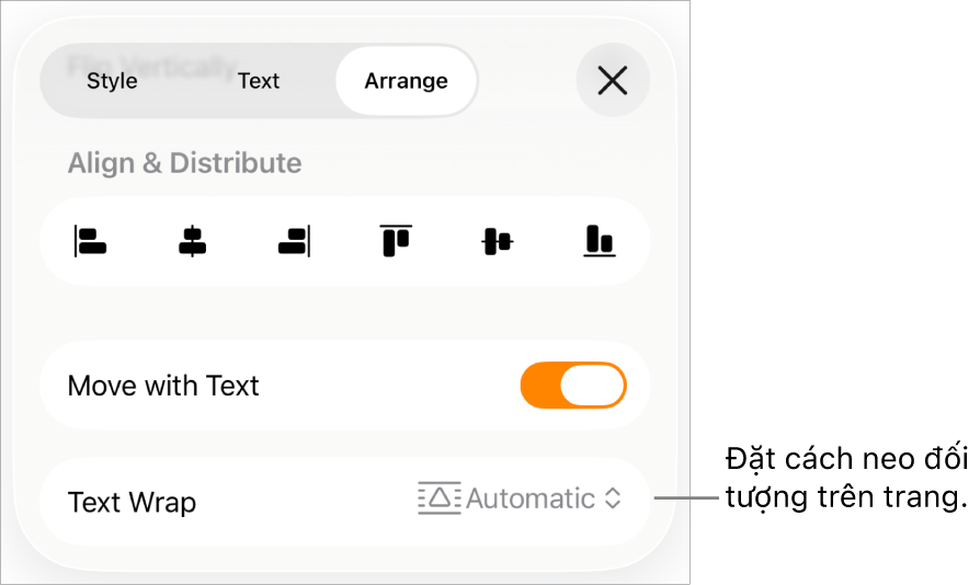 Các điều khiển Sắp xếp với Chuyển với văn bản và Ngắt dòng văn bản.