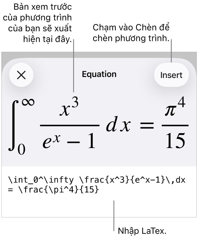 Hộp thoại Phương trình, đang hiển thị phương trình được viết bằng các lệnh LaTex và bản xem trước của công thức ở bên trên.