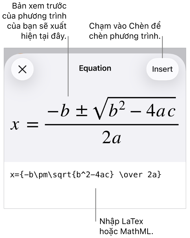 Hộp thoại Phương trình, đang hiển thị phương trình được viết bằng các lệnh MathML và bản xem trước của công thức ở bên trên.
