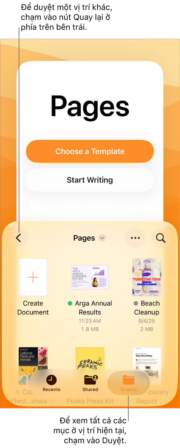 Chế độ xem duyệt của trình quản lý tài liệu với nút Quay lại ở góc trên cùng bên trái và bên dưới là trường Tìm kiếm. Bên dưới trường Tìm kiếm là nút Tạo tài liệu bên cạnh các hình thu nhỏ của các tài liệu hiện có. Ở góc trên cùng bên phải là các nút Gần đây, Được chia sẻ và Duyệt.