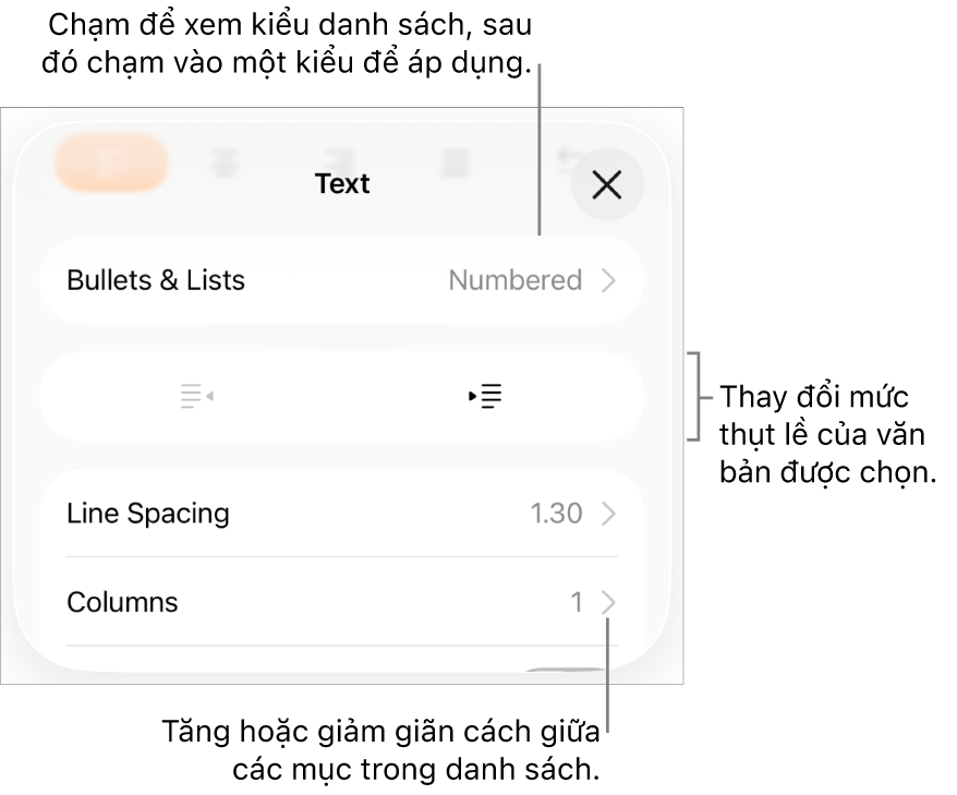 Phần Dấu đầu dòng & Danh sách của điều khiển Định dạng với các chú thích đến Dấu đầu dòng & Danh sách, các nút thụt lề và nhô lề và các điều khiển giãn cách dòng.