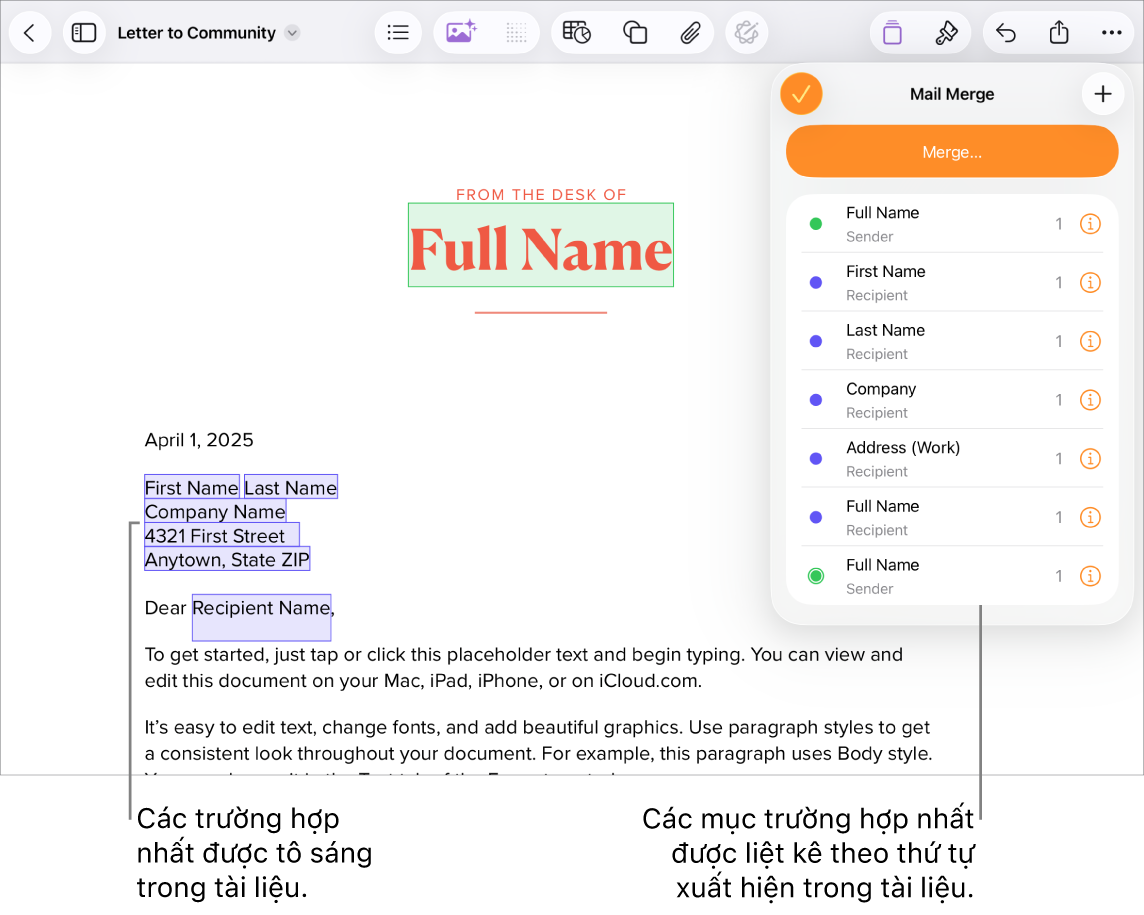Tài liệu Pages với các trường hợp nhất người nhận và người gửi và danh sách trường hợp trường hợp nhất hiển thị trong thanh bên Tài liệu.