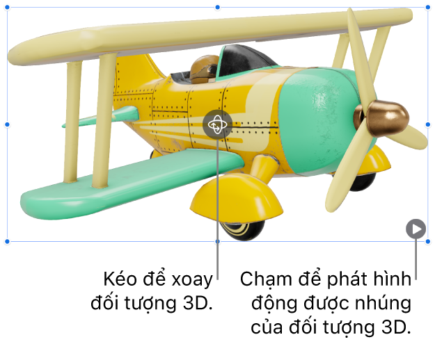 Đối tượng 3D với nút Xoay ở giữa đối tượng và nút Phát ở góc dưới bên phải.