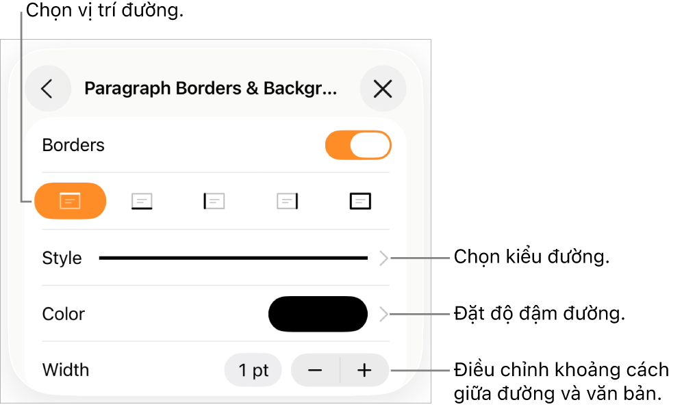Các điều khiển để thay đổi kiểu đường, độ đậm, vị trí và màu.