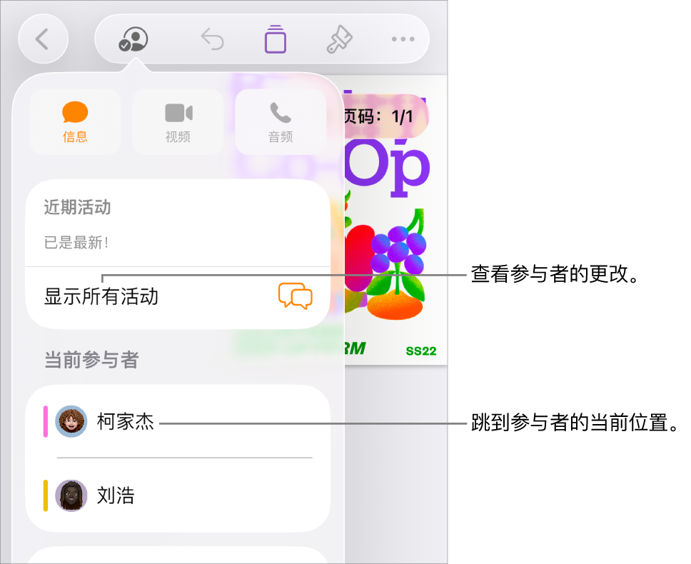 列出了当前参与者的协作菜单。