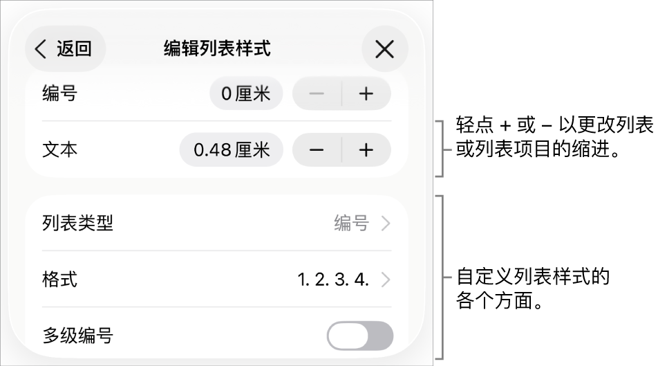 “编辑列表样式”菜单,包含缩进间距、列表类型和格式、多级编号以及行间距的控制。
