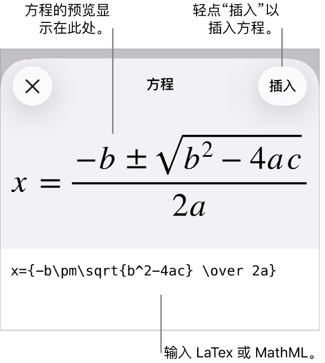 “方程”对话框，显示使用 MathML 命令所写的方程，以及上方公式的预览。