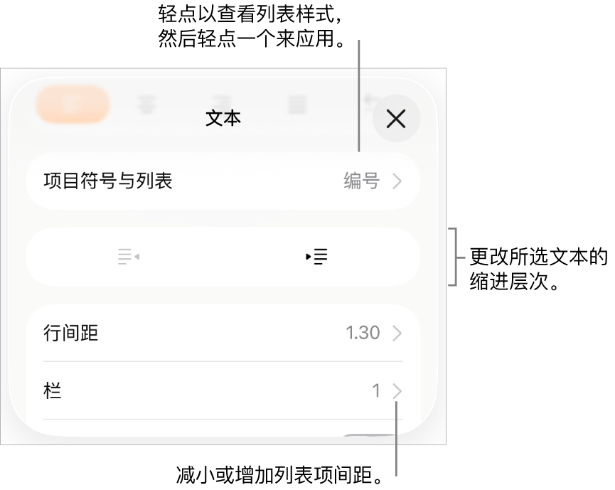 “格式”控制的“项目符号与列表”部分,其中标注框指向“项目符号与列表”、减少缩进和缩进按钮以及行间距控制。