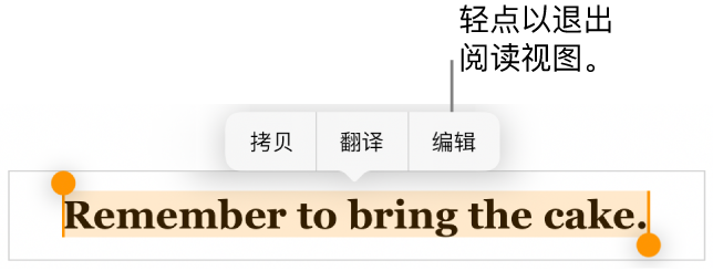 一个句子被选中，其上方是带有“拷贝”和“编辑”按钮的关联菜单。