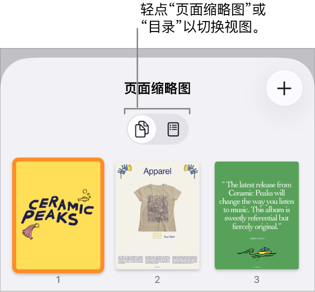“页面缩略图”视图,包含每页的缩略图图像。屏幕底部是“页面缩略图”按钮和“目录”按钮。