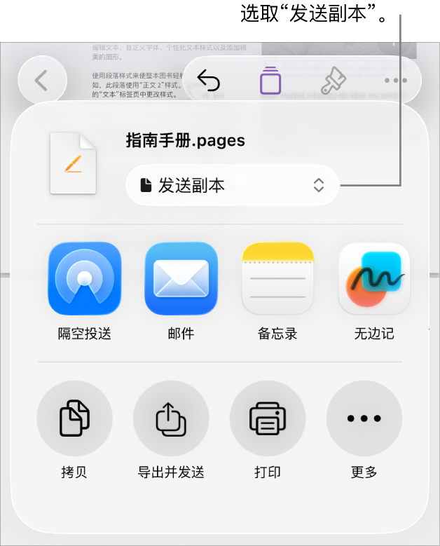顶部已选中“发送副本”的“共享”菜单。