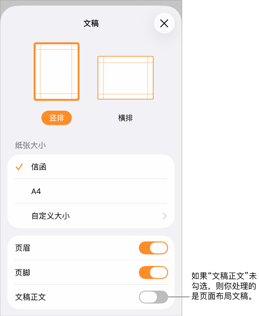 页面布局文稿中的“文稿设置”已打开，其中“文稿正文”已取消勾选。