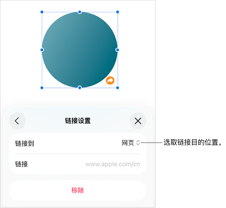 “链接设置”控制，“网页”已选中，“移除”按钮位于底部。