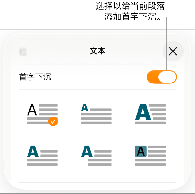 位于“文本”菜单中的“首字下沉”控制。