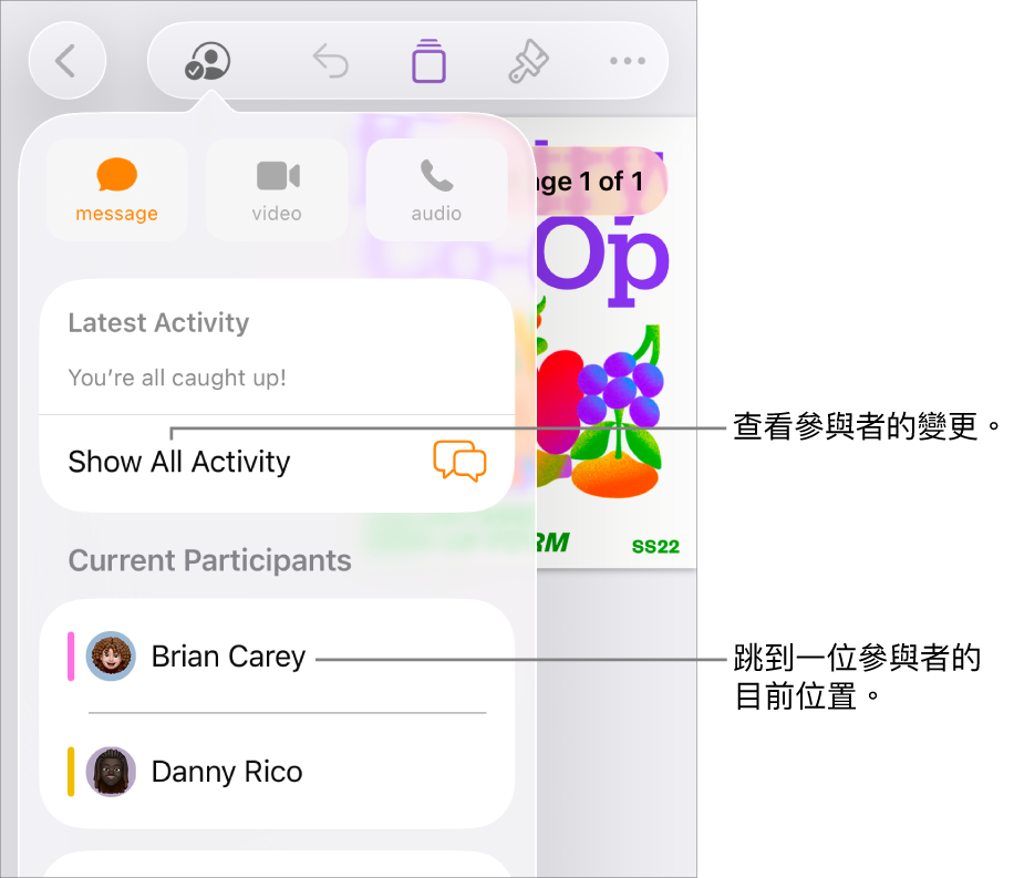 共同編輯選單,其中列出目前的參與者。