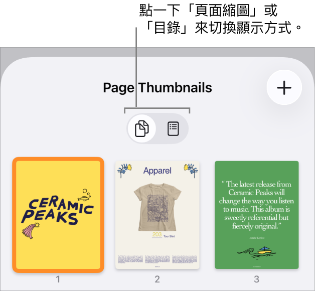 「頁面縮圖」顯示方式中包含每一頁的縮圖影像。「頁面縮圖」按鈕和「目錄」按鈕位於螢幕底部。