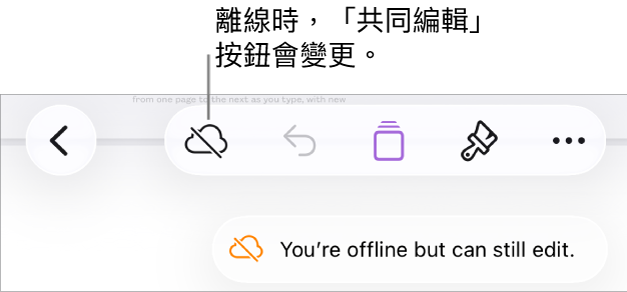螢幕最上方的按鈕，其中「共同編輯」按鈕已變成被對角線劃過的雲朵圖像。螢幕上的警示顯示「你已離線，但仍可進行編輯。」