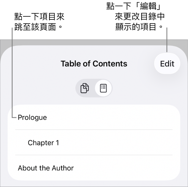 目錄顯示方式,列表中列出各個標題。「編輯」按鈕位於右上角,「頁面縮圖」和「目錄」按鈕位於底部。