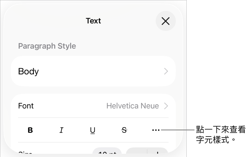 具備「粗體」、「斜體」、「底線」、「刪除線」和「更多文字選項」按鈕的「格式」控制項目。