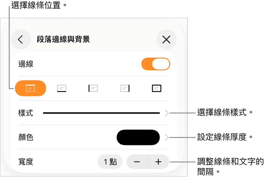 更改線條樣式、粗細、位置和顏色的控制項目。