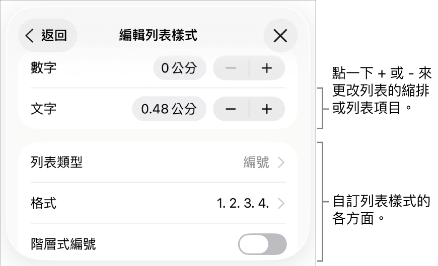 「編輯列表樣式」選單包含縮排間距、列表類型和格式、階層式編號、以及行距的控制項目。