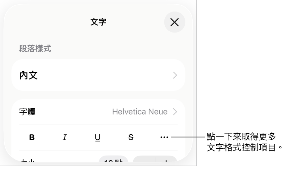 「格式」控制項目的「文字」標籤頁,說明文字指向「更多文字選項」按鈕。