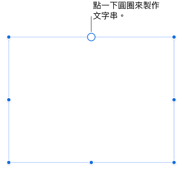 有一個空白文字框，白圓圈位於頂端且調整大小控點位於邊角、側邊和底部。