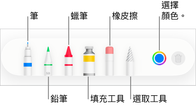 iPhone 上 Pages 中的繪圖工具列包含筆、鉛筆、蠟筆、填充工具、橡皮擦、選取工具以及顯示目前顏色的顏色框。