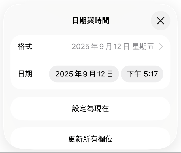 「日期與時間」控制項目,顯示日期的「格式」彈出式選單、「設定為現在」按鈕和「更新所有欄位」按鈕。