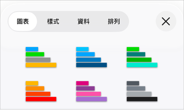「格式」選單的「圖表」標籤頁中的圖表樣式。