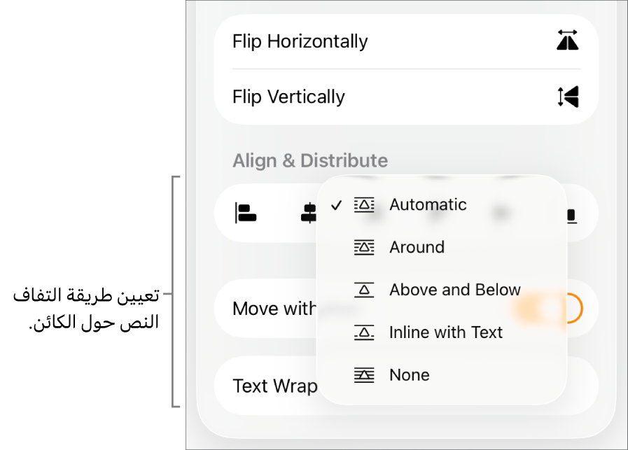 عناصر التحكم في التنسيق وتظهر علامة التبويب ترتيب محددة. تظهر أدناه عناصر التحكم في التفاف النص مع الخيارات نقل للخلف/المقدمة وتحريك مع النص والتفاف النص.