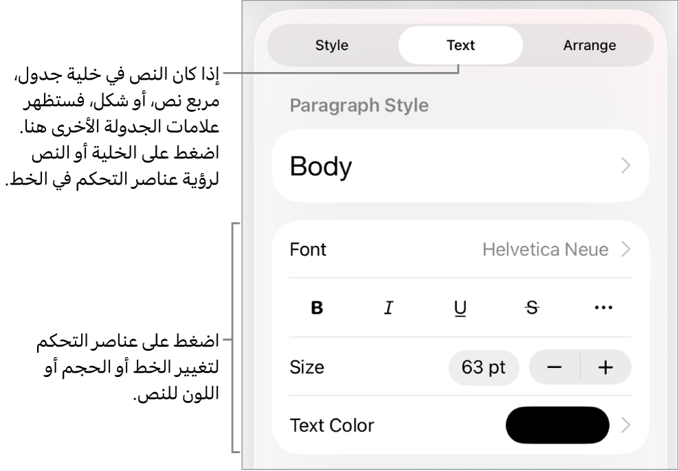 عناصر التحكم في النص في قائمة التنسيق لإعداد أنماط الأحرف والفقرات، والخط، والحجم، واللون.