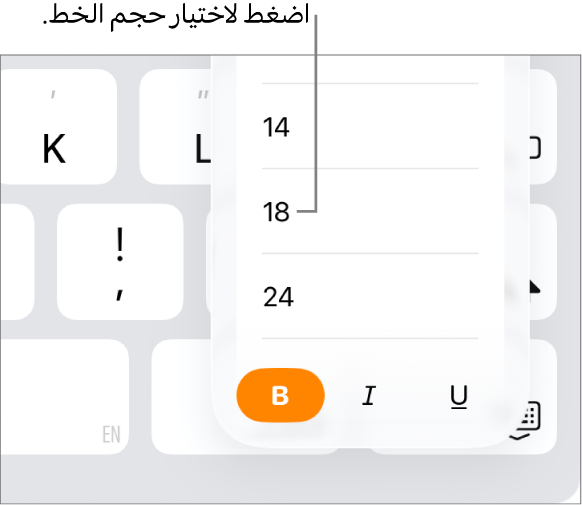 زر حجم الخط على الجهة اليسرى من لوحة مفاتيح الـ iPad وبها قائمة حجم الخط مفتوحة. أحجام الخط القياسية لحكومة بر الصين الرئيسي تظهر في أعلى القائمة مع أحجام النقاط في الأسفل.