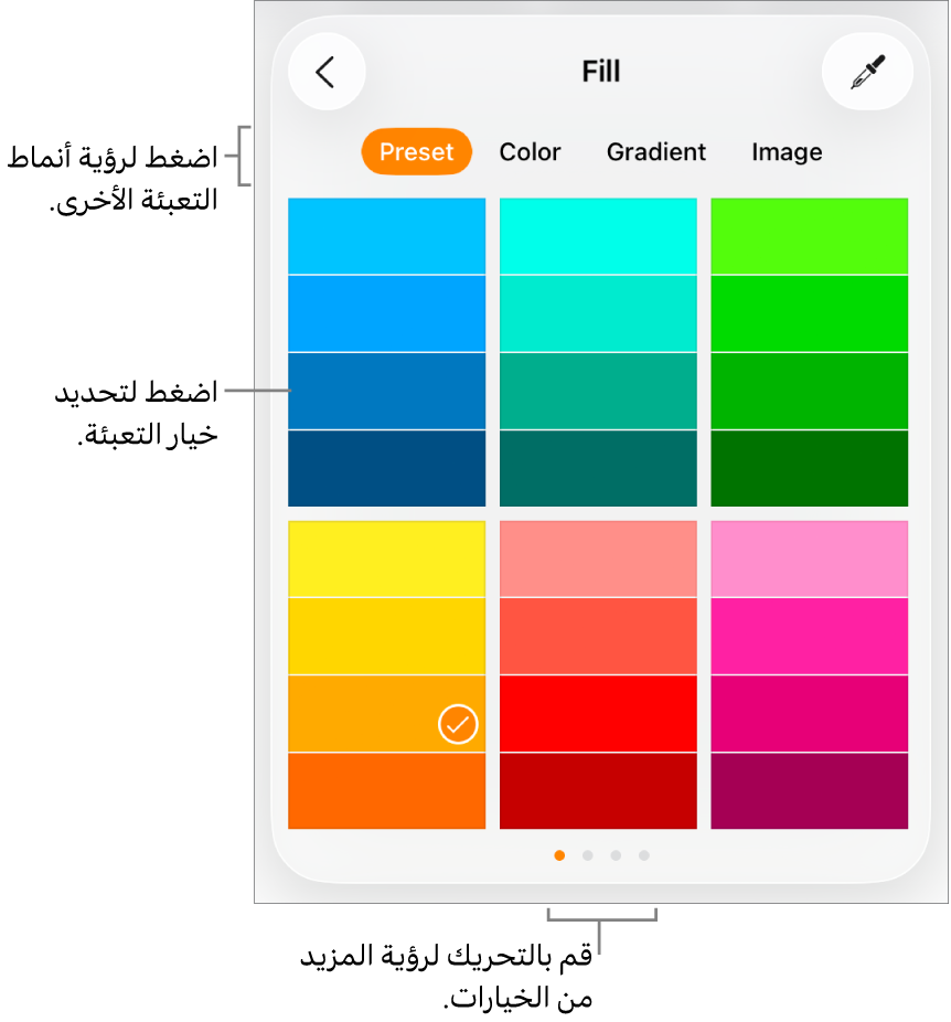 خيارات تعبئة في علامة تبويب النمط الخاص بزر التنسيق.