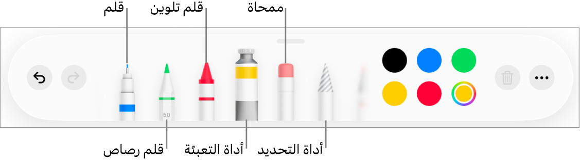 شريط أدوات الرسم في Pages على iPad وبه قلم وقلم رصاص وقلم تلوين وأداة تعبئة وممحاة وأداة تحديد وعلبة ألوان تعرض اللون الحالي.