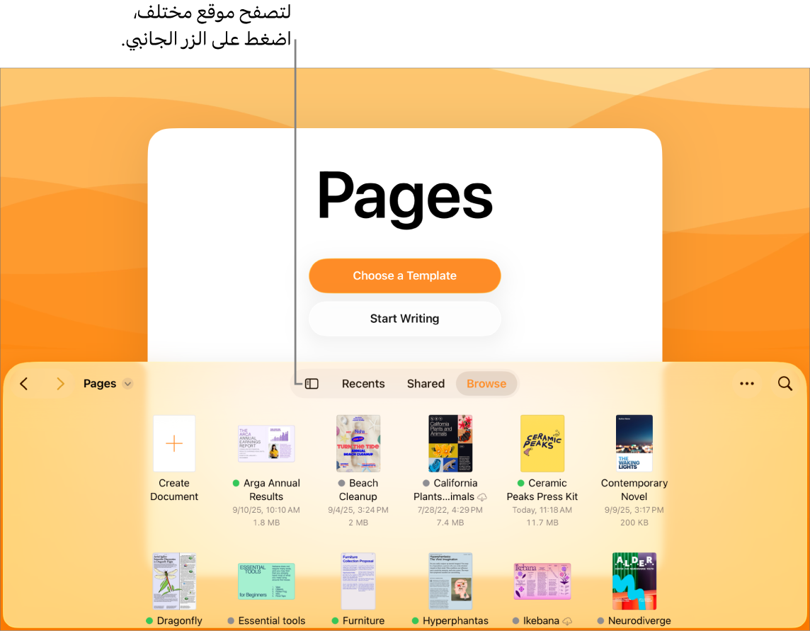 عرض التصفح في مدير المستندات يعرض زر الشريط الجانبي في الزاوية العلوية اليمنى. في الزاوية العلوية اليسرى، يوجد الزر إضافة والزر مجلد جديد والزر أيقونات (للفرز حسب الاسم أو التاريخ أو الحجم أو العلامة) والزر تحديد والزر بحث. أسفل هذه الأزرار توجد صور مصغرة للمستندات الموجودة.