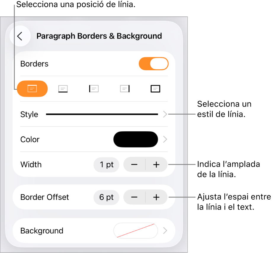 Controls per canviar l’estil, el gruix, la posició i el color de la línia.